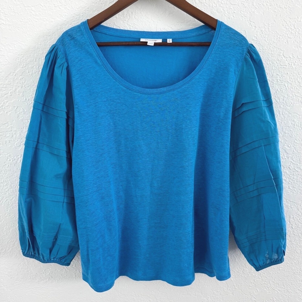Chico's Linen Blouse Puff Sleeves Women's XL (Chico's 3) Blue Coastal Resortwear